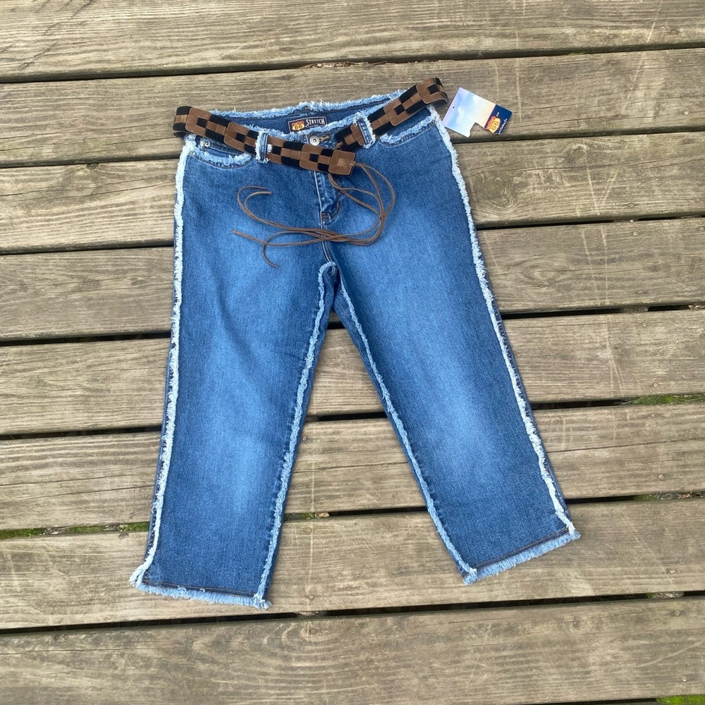 Route 66 stretch fit raw hemmed Blue Ankle Cropped jeans capris